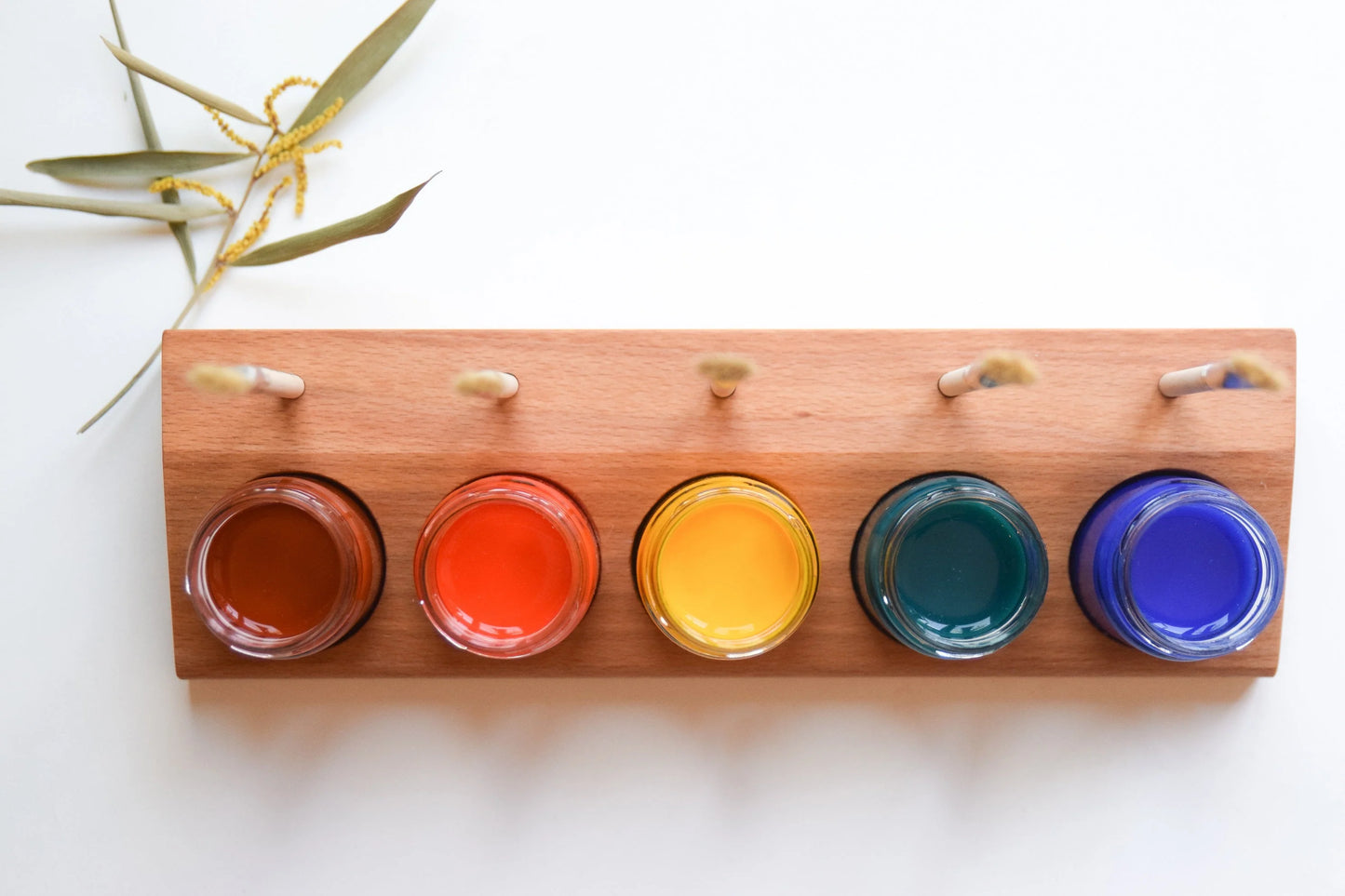 Holzhalter für Aquarellfarbe inkl. Gläser und Pinsel